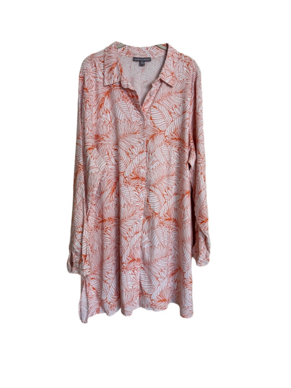 Jessica London Linen Blend Blouse Women 22W Tunic Top Roll Tab Sleeves Orange